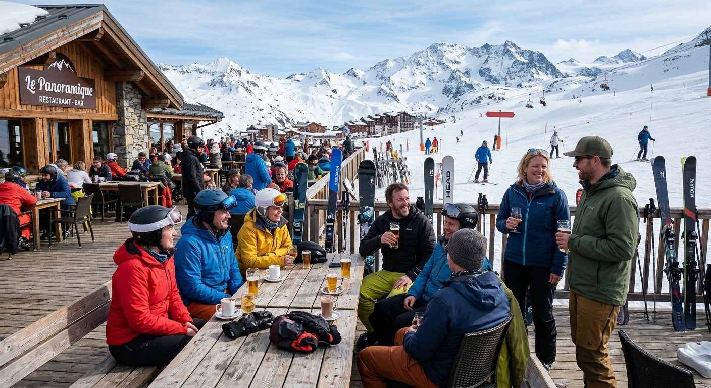Gruppe på solterrasse ved en alpin skirestaurant med utsikt til fjell